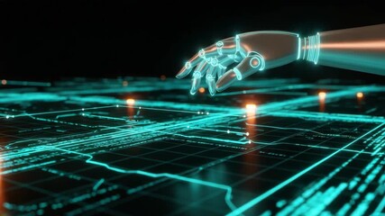 A futuristic robotic hand interacts with a glowing digital interface showcasing advanced technology and data visualization in a dark high-tech environment ideal for innovation and AI themes - Powered by Adobe