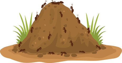 Ant hill vector—soil mound with crawling ants and grass for nature illustrations, ecology education, and insect-themed design