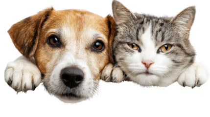 Adorable dog and cat duo resting their heads together on a white background.