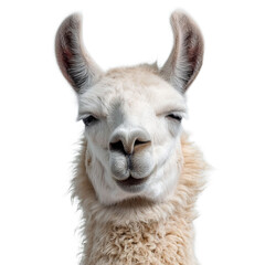 Obraz premium A cheerful white llama with fluffy fur and a friendly expression, standing against a plain background.