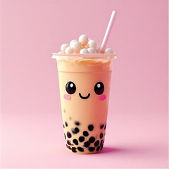 Cute cartoon boba tea with tapioca pearls and milk foam