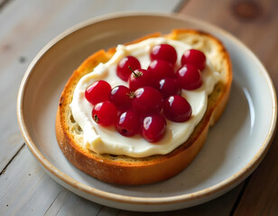 Toast with cream cheese and red currants bread berries