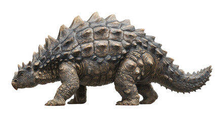 Obraz premium Brown dinosaur model with spikes on its back, isolated on white background.