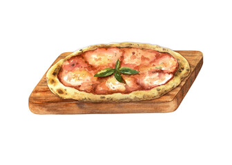 Italian traditional pizza with tomato sauce on the wooden board. Watercolor hand drawn illustration isolated on white for menu design, packaging and printing