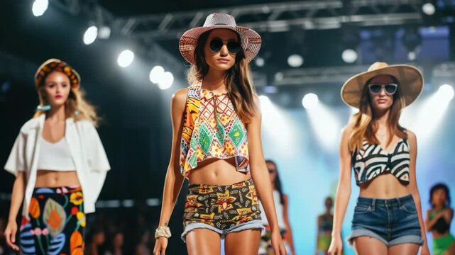 Three stylish women in hats and sunglasses displaying trendy warm-weather garments under bright stage illumination