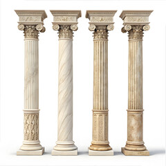 Marble antique columns and pillars of roman isolated on white background