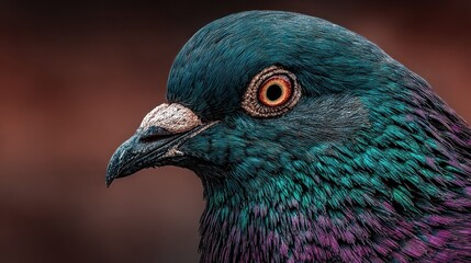Close-up of a pigeon's head, vibrant colors