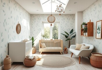 Nursery with a subtle botanical theme and removable wallpaper