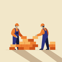 Two construction workers in overalls are building a brick wall, showcasing teamwork and the construction process against a neutral, minimalist background.
