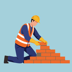 A construction worker, wearing a safety vest and helmet, carefully places a brick to build a wall, showcasing the process of building with bricks against a blue background.