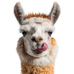 Fototapeta premium A playful light brown and white llama licks its lips, showcasing its friendly demeanor with bright eyes and soft fur.