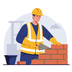 An illustration depicts a bricklayer in a hard hat and safety vest carefully laying bricks with a trowel, showcasing construction and skilled labor.