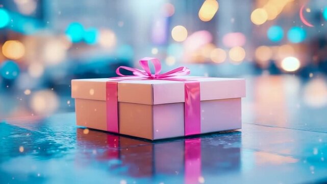 A delicate pink present box adorned with a bright fuchsia ribbon reflecting on a glistening surface amidst soft, shimmering city lights and falling flakes