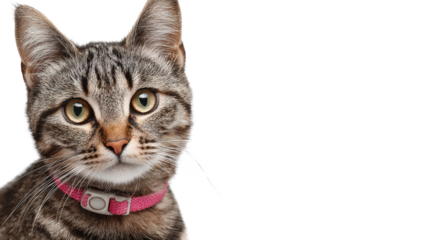Cute tabby cat with green eyes and a pink collar, white isolate background.