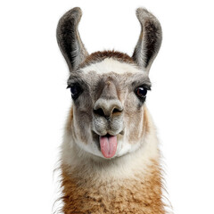 Obraz premium A playful llama with its tongue out, showcasing a cute and cheeky expression against a plain background.