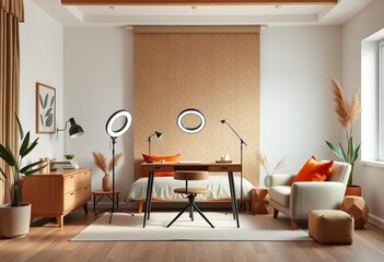 Professional-looking bedroom interior with a study desk setup and stylish backdrop