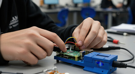 High school student working on electronics project in computer lab