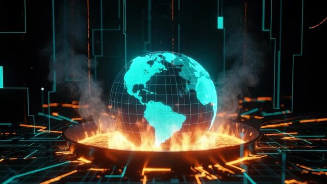 A digitally rendered globe surrounded by flames symbolizing a crisis set against a futuristic tech-inspired background with glowing lines and circuit patterns representing global challenges