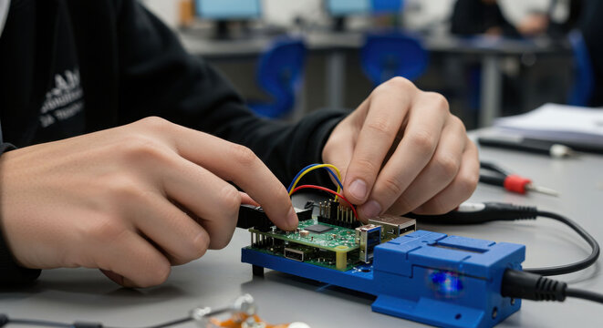 High school student working on electronics project in computer lab