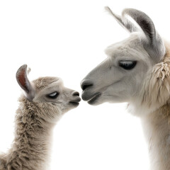 Obraz premium A tender moment between a llama and its baby, showcasing their affectionate bond against a clean background.