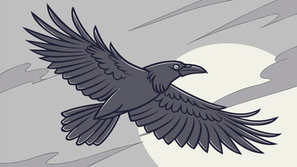 Obraz premium Illustration of a raven flying in the sky with clouds and a moon in the background in grayscale tones