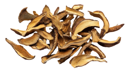 Dried mushroom slices, arranged on a white isolated background.