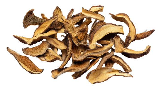 Dried mushroom slices, arranged on a white isolated background.