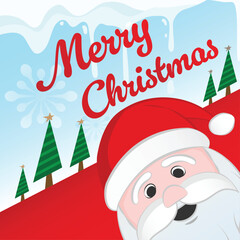 Playful Christmas illustration featuring Santa peeking out with a cheerful smile, stylized Christmas trees, and bold “Merry Christmas” text on a snowy, icy background. Great for festive greetings.