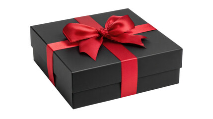 Obraz premium Elegant black gift box with a vibrant red ribbon and bow, isolated on white background.