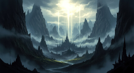 Mystical glowing chasm with ancient castle and ethereal light beams