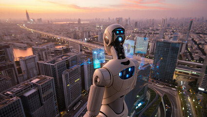Futuristic Robot Overlooking Smart City at Sunset: AI, Technology, Progress Concept