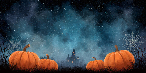 Spooky Halloween night with pumpkins, cobwebs, and a mysterious castle under a starry sky. Misty and smoke background with copy space.