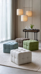 Modern living space featuring stylish ottomans and elegant pendant lights in a minimalist setting with natural light during the day
