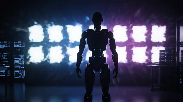 Silhouette of a humanoid robot stands in a dark room before a wall of glowing square panels