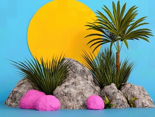 Summery Digital Illustration Gray Rocks, Lush Greenery, Pink Shapes, Yellow Sun