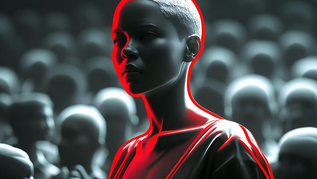 A person stands out in a crowd with dramatic red lighting