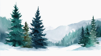 Snowy landscape watercolor illustration featuring evergreen trees and distant mountains under soft morning light