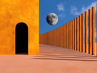 Surreal Desert Landscape with Orange Building and Moon