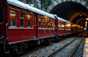 Naklejka premium Vintage red train parked on railway tracks inside a tunnel with warm lighting creating a nostalgic atmosphere