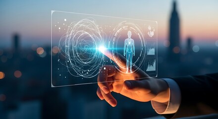 Businessman's hand touching a futuristic holographic interface with a human digital avatar. Concept of innovation, big data, and technology.