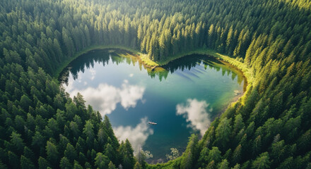 Heart shaped lake, surrounded by dense green forest, reflects blue sky and clouds, with small boat floating peacefully, creating romantic and tranquil natural landscape