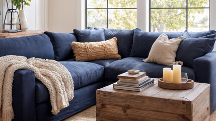 Cozy living room featuring a navy sectional sofa, decorative pillows, and wooden coffee table with candles and books, brightened by natural light from large windows