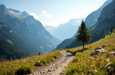 Serene mountain landscape with a dirt trail and lone pine tree in lush green meadows