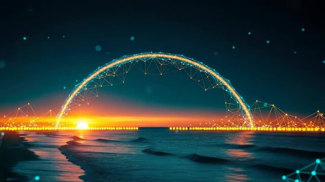 A stunning digital sunset over a serene ocean showcasing a futuristic arch structure illuminated by vibrant lights with abstract geometric patterns framing the scene creating a captivating visual expe