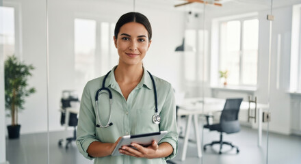 Confident female doctor with stethoscope holding digital tablet in modern bright medical office, smiling and looking at camera, professional healthcare worker portrait