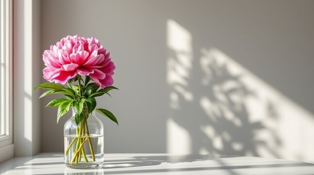 A pink peony in a glass vase sits on a table, illuminated by sunlight and casting shadows