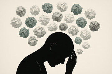 Mental health concept with silhouette and crumpled paper symbolizing stress, anxiety, and overthinking in modern life