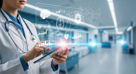 Doctor using digital tablet futuristic medical interface healthcare technology hospital corridor innovation data analysis artificial intelligence modern medicine professional confident