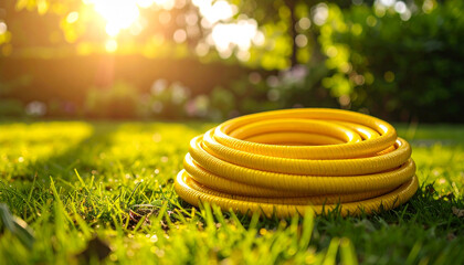 Vibrant yellow garden hose coiled on lush green lawn, sunlit summer scene.