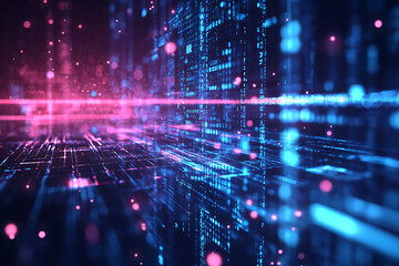 Abstract digital cityscape with neon lights and data streams